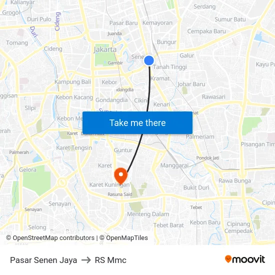 Pasar Senen Jaya to RS Mmc map