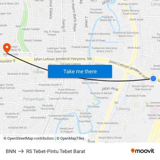 BNN to RS Tebet-Pintu Tebet Barat map