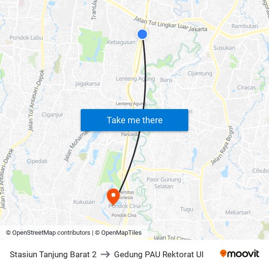 Stasiun Tanjung Barat 2 to Gedung PAU Rektorat UI map