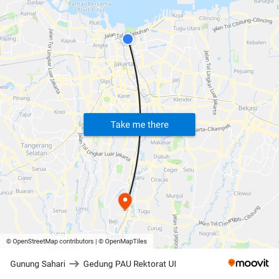 Gunung Sahari to Gedung PAU Rektorat UI map