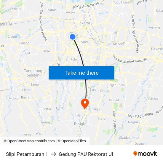 Slipi Petamburan 1 to Gedung PAU Rektorat UI map