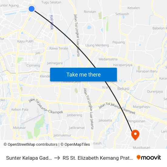 Sunter Kelapa Gading to RS St. Elizabeth Kemang Pratama map