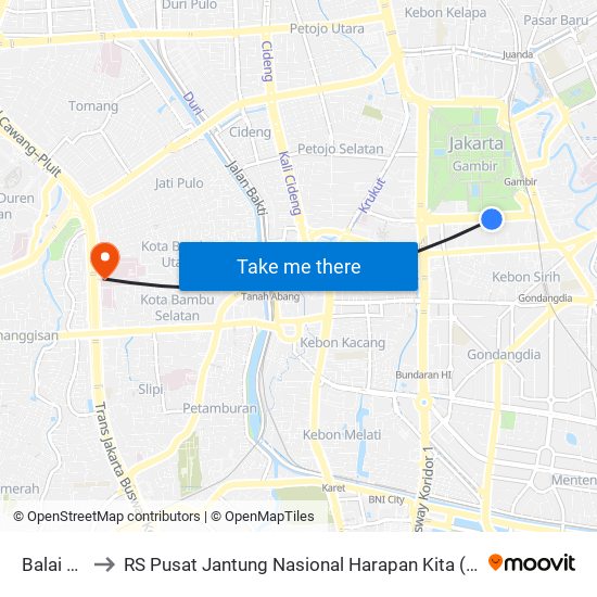 Balai Kota 1 to RS Pusat Jantung Nasional Harapan Kita (RS Jantung Harapan Kita) map