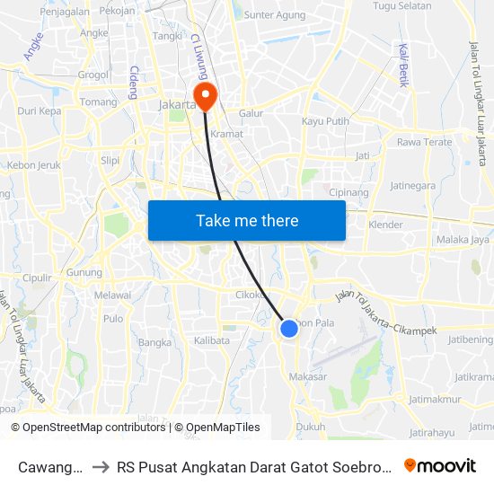 Cawang Cililitan to RS Pusat Angkatan Darat Gatot Soebroto (Rspad Gatot Soebroto) map