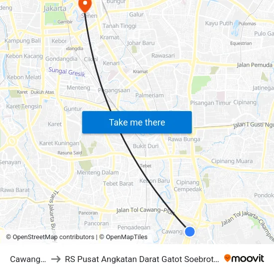 Cawang Sentral to RS Pusat Angkatan Darat Gatot Soebroto (Rspad Gatot Soebroto) map
