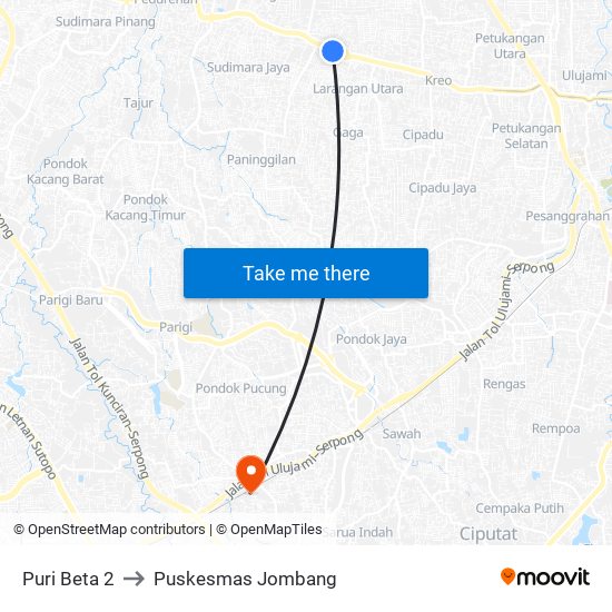 Puri Beta 2 to Puskesmas Jombang map