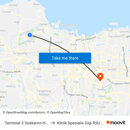 Terminal 3 Soekarno-Hatta to Klinik Spesialis Gigi RSU. UKI map