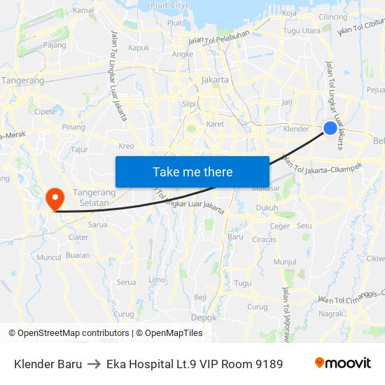 Klender Baru to Eka Hospital Lt.9 VIP Room 9189 map