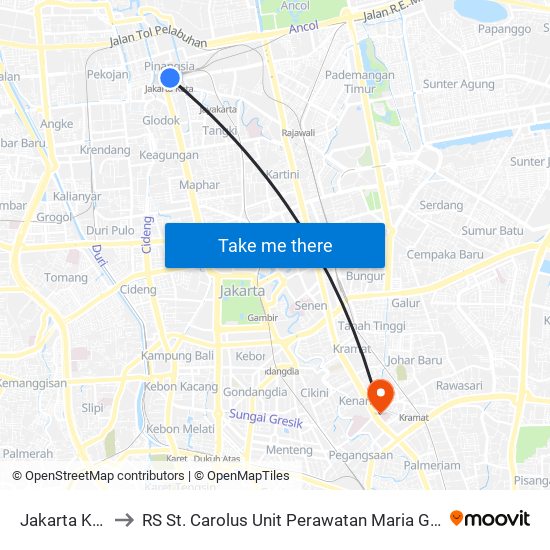 Jakarta Kota to RS St. Carolus Unit Perawatan  Maria Goretty map