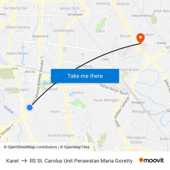 Karet to RS St. Carolus Unit Perawatan  Maria Goretty map