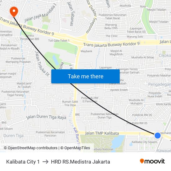 Kalibata City 1 to HRD RS.Medistra Jakarta map