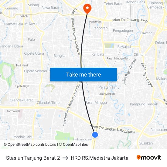 Stasiun Tanjung Barat 2 to HRD RS.Medistra Jakarta map