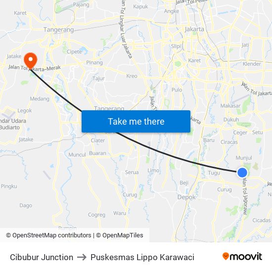 Cibubur Junction to Puskesmas Lippo Karawaci map