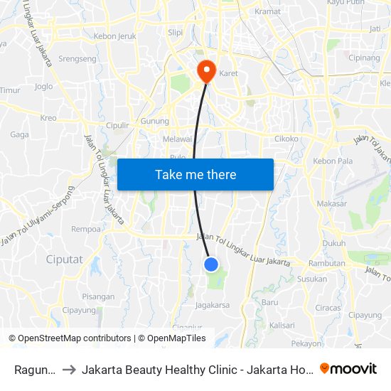 Ragunan to Jakarta Beauty Healthy Clinic - Jakarta Hospital map