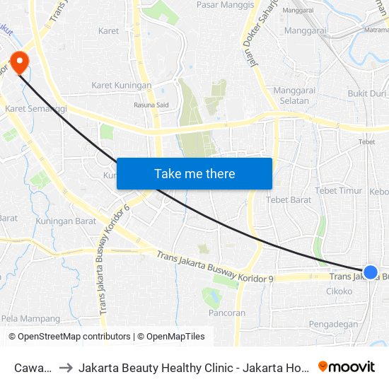 Cawang to Jakarta Beauty Healthy Clinic - Jakarta Hospital map