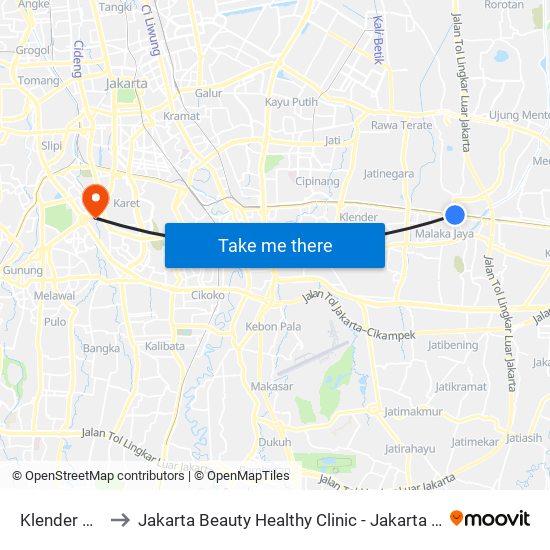 Klender Baru to Jakarta Beauty Healthy Clinic - Jakarta Hospital map