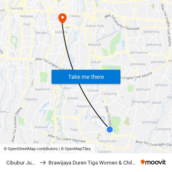 Cibubur Junction to Brawijaya Duren Tiga Women & Children Hospital map