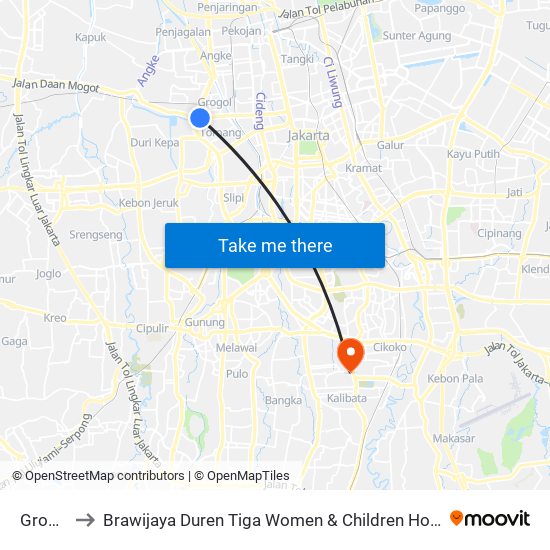 Grogol to Brawijaya Duren Tiga Women & Children Hospital map