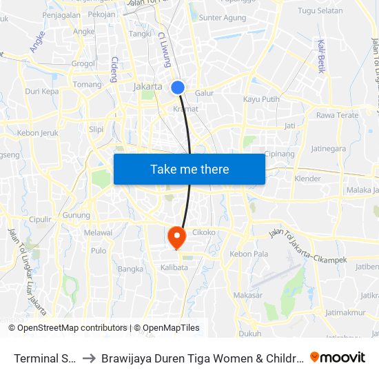 Terminal Senen to Brawijaya Duren Tiga Women & Children Hospital map