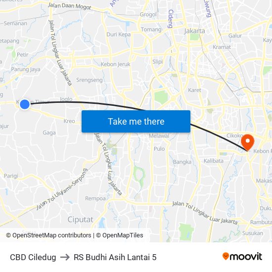 CBD Ciledug to RS Budhi Asih Lantai 5 map