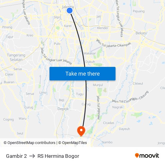 Gambir 2 to RS Hermina Bogor map