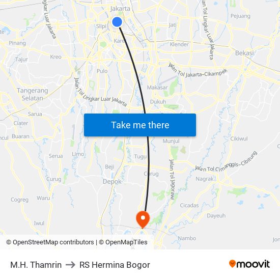 M.H. Thamrin to RS Hermina Bogor map