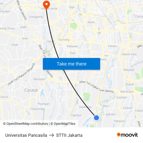 Universitas Pancasila to STTII Jakarta map