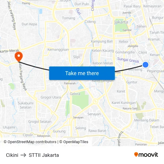 Cikini to STTII Jakarta map