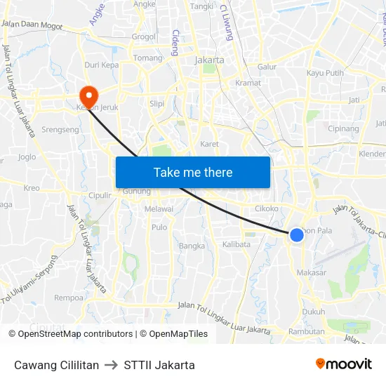 Cawang Cililitan to STTII Jakarta map
