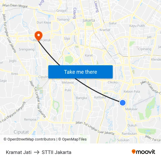 Kramat Jati to STTII Jakarta map