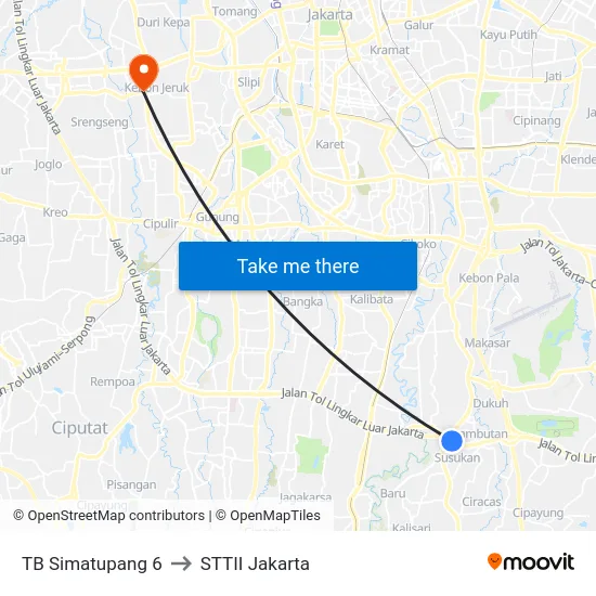 TB Simatupang 6 to STTII Jakarta map
