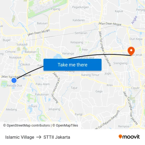 Islamic Village to STTII Jakarta map