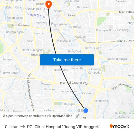 Cililitan to PGI Cikini Hospital "Ruang VIP Anggrek" map