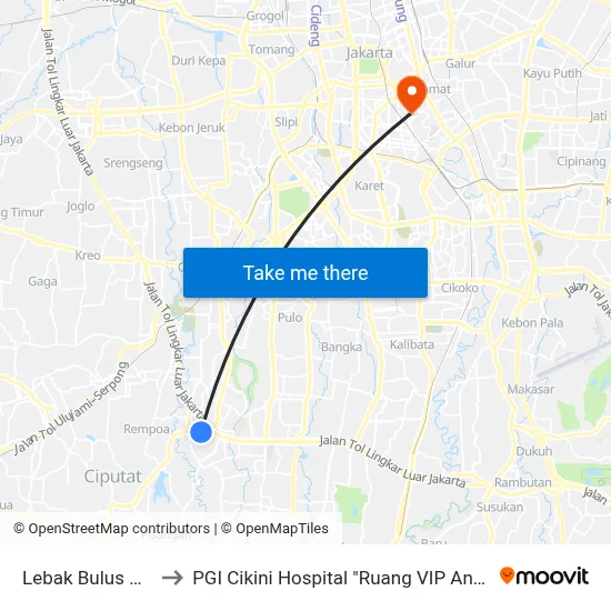 Lebak Bulus Grab to PGI Cikini Hospital "Ruang VIP Anggrek" map