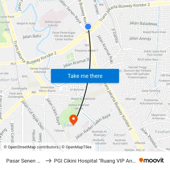 Pasar Senen Jaya to PGI Cikini Hospital "Ruang VIP Anggrek" map