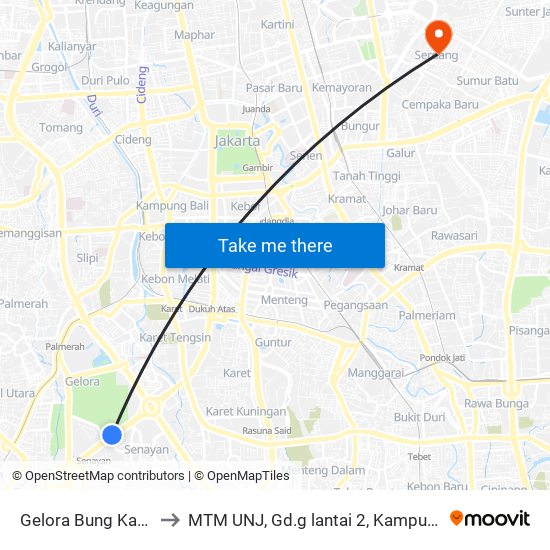 Gelora Bung Karno 2 to MTM UNJ, Gd.g lantai 2, Kampus A UNJ map