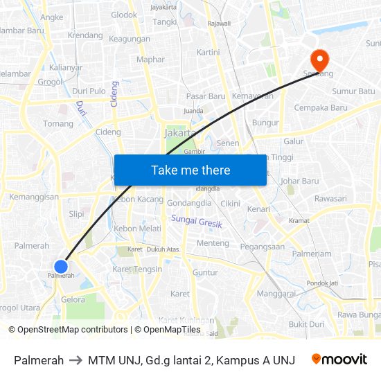 Palmerah to MTM UNJ, Gd.g lantai 2, Kampus A UNJ map