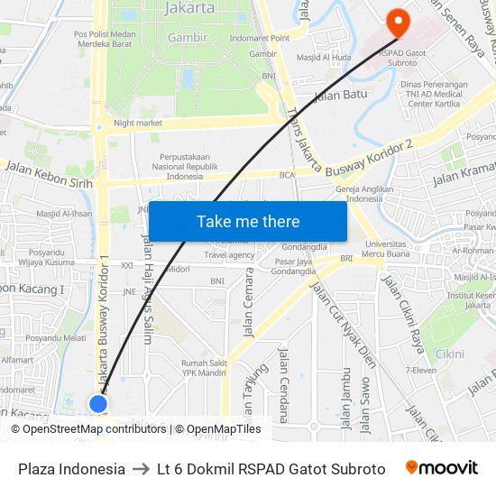 Plaza Indonesia to Lt 6 Dokmil RSPAD Gatot Subroto map