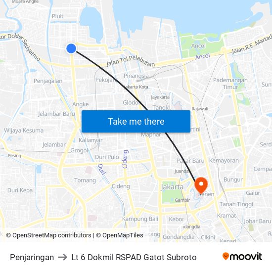 Penjaringan to Lt 6 Dokmil RSPAD Gatot Subroto map