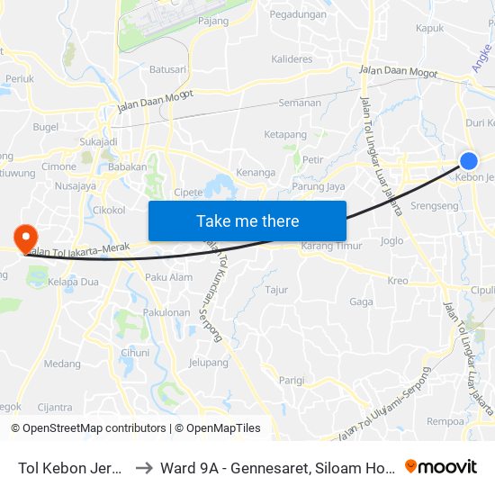 Tol Kebon Jeruk 2 to Ward 9A - Gennesaret, Siloam Hospital map