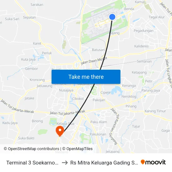 Terminal 3 Soekarno-Hatta to Rs Mitra Keluarga Gading Serpong map