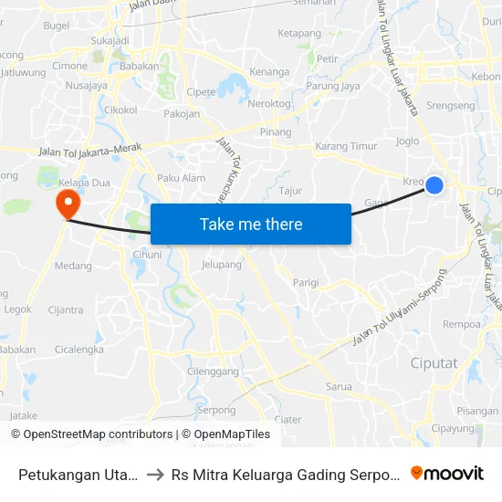 Petukangan Utara to Rs Mitra Keluarga Gading Serpong map