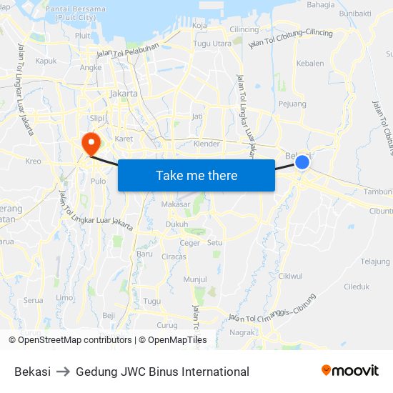 Bekasi to Gedung JWC Binus International map