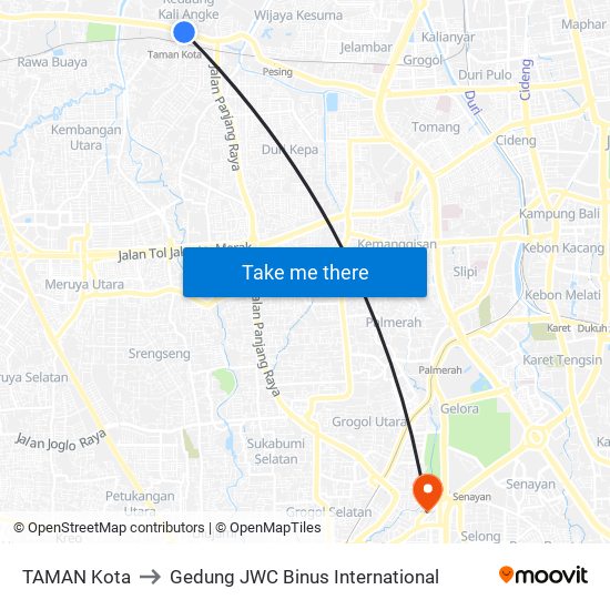 TAMAN Kota to Gedung JWC Binus International map