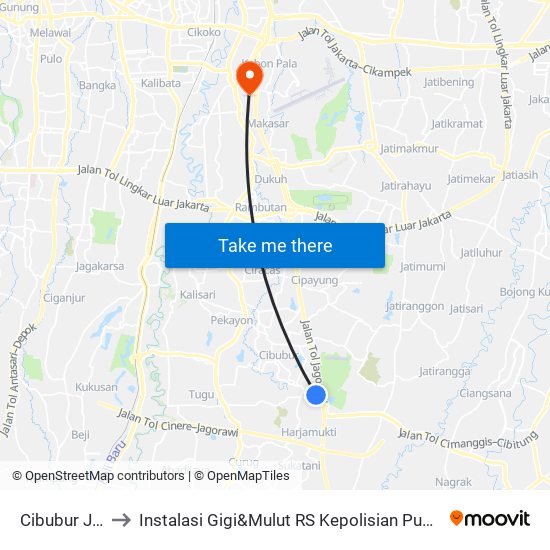 Cibubur Junction to Instalasi Gigi&Mulut RS Kepolisian Pusat Raden Said Sukanto map