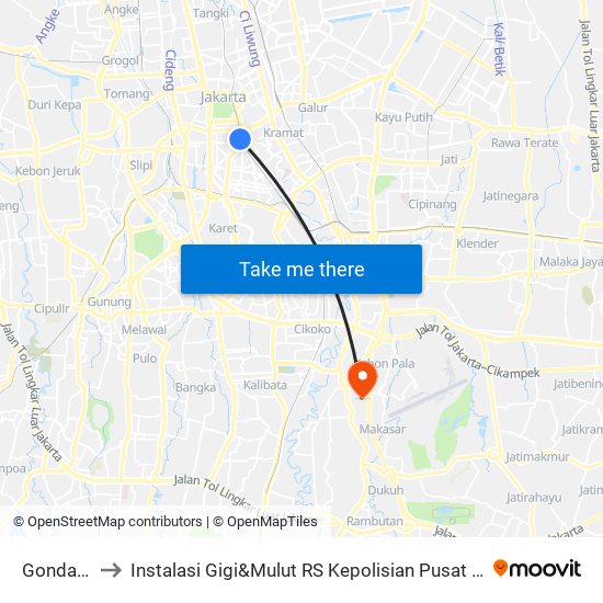 Gondangdia to Instalasi Gigi&Mulut RS Kepolisian Pusat Raden Said Sukanto map