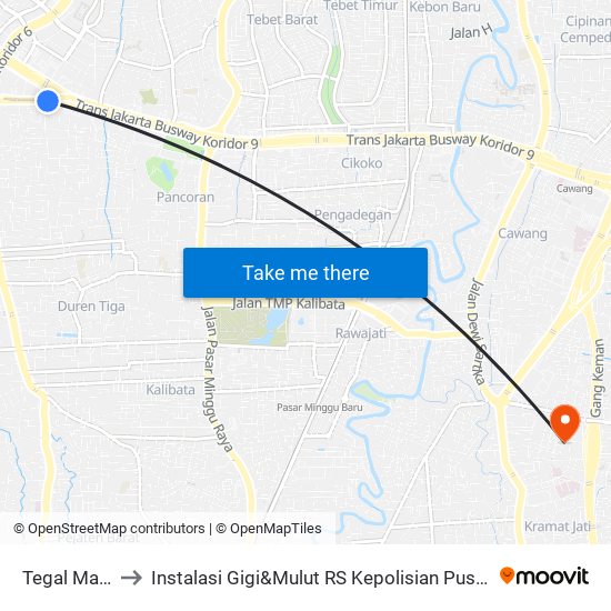 Tegal Mampang to Instalasi Gigi&Mulut RS Kepolisian Pusat Raden Said Sukanto map