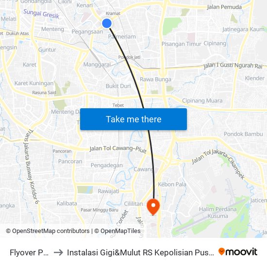 Flyover Pramuka to Instalasi Gigi&Mulut RS Kepolisian Pusat Raden Said Sukanto map