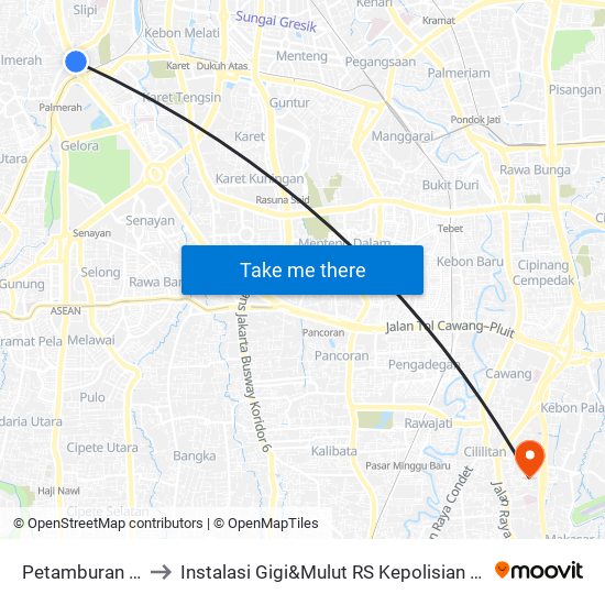 Petamburan Arah Timur to Instalasi Gigi&Mulut RS Kepolisian Pusat Raden Said Sukanto map