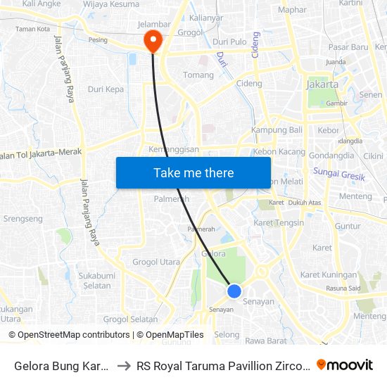 Gelora Bung Karno 2 to RS Royal Taruma Pavillion Zircon 355 map